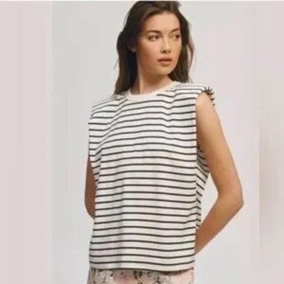 MAEVE by Anthropologie Boxy Muscle B/W Stripe Cotton Top  Size - Small - Picture 3 of 7